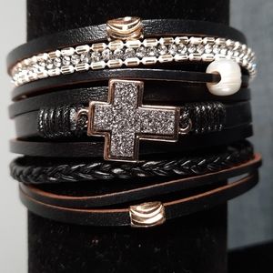 Black Leather Gold Cross Religious Druzy Stone Pearl Magnetic Closure Br…